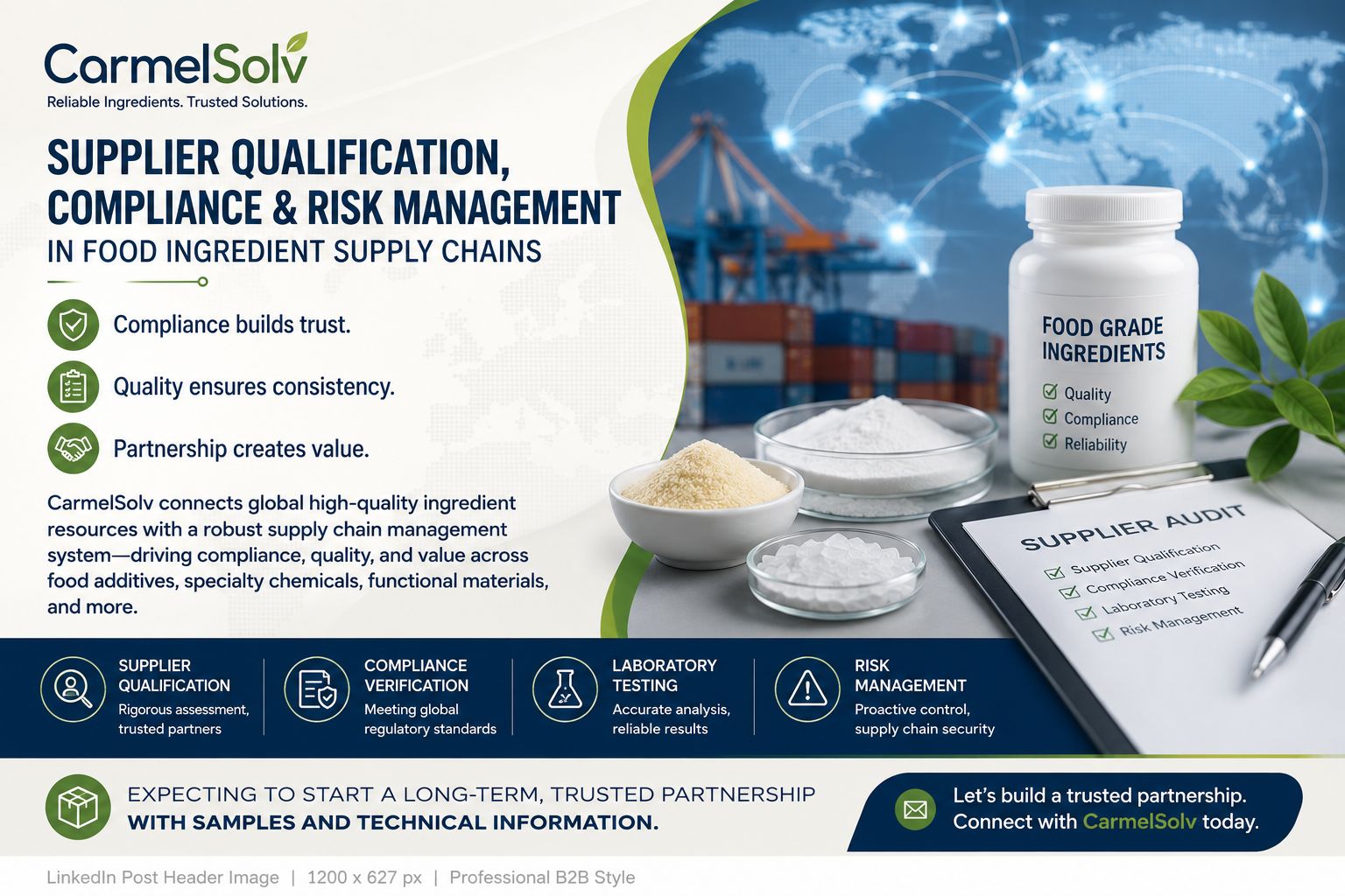 Supplier qualification and compliance risk management across food ingredient, dietary supplement, and functional nutrition supply chains.